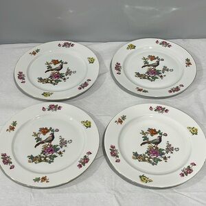 Vintage Epiag Czechoslovakia 10” Dinner Plates Royal Peacock Flowers set of 4